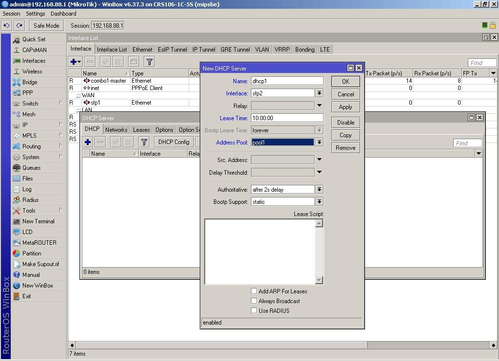 WinBox добавляем новый сервер DHCP на интерфейсе sfp2