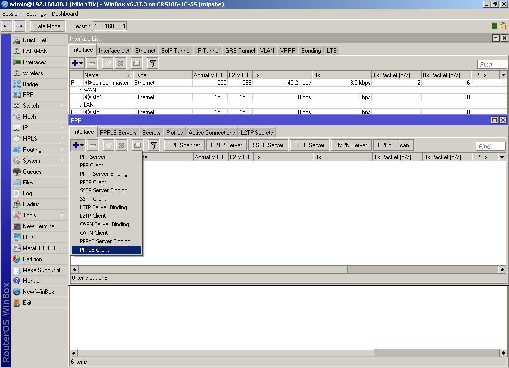 WinBox добавляем новый интерфейс «PPPoE client»
