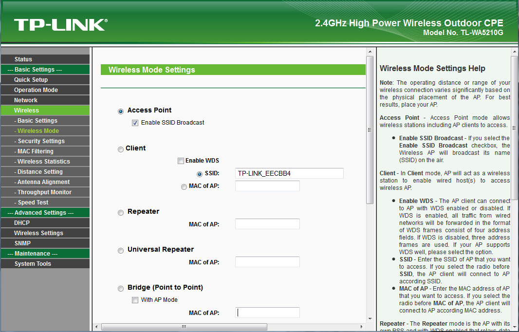 TP-Link WA5210G web-интерфейс