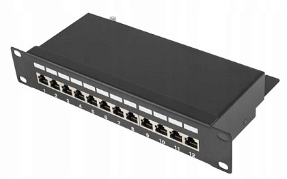 Патч-панель 12 портов FTP кат 7Е 19" 1U экранированная черная Q25