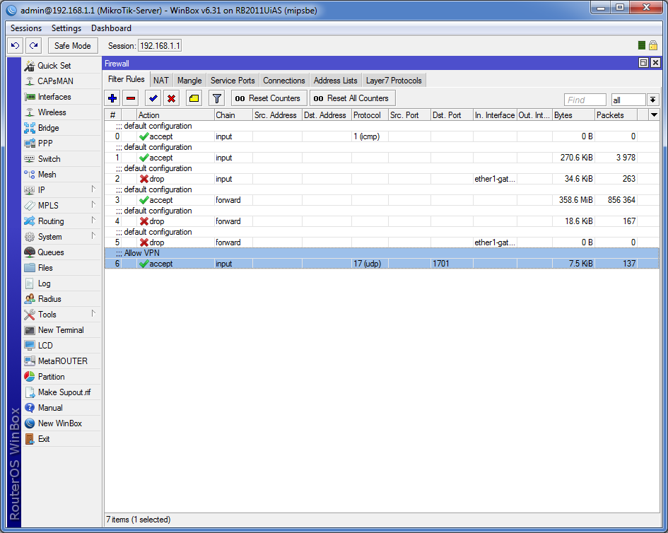 открыть UDP-порт 1701 (chain input, protocol 17(udp), dst-port 1701, accept)