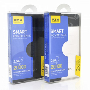 Power bank 20000mAh PZX-C200, USB-1A + mini USB +кабель USB micro, LED фонарик, White, Blister-BOX