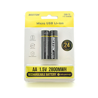 Аккумулятор Li-Ion Beston 1,5V 2XAA USB-Micro, 2800mWh, Rechargeable, 1800mAh Blister	